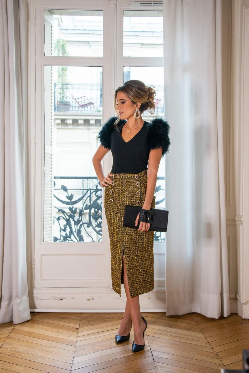 Jupe crayon en tweed dorée