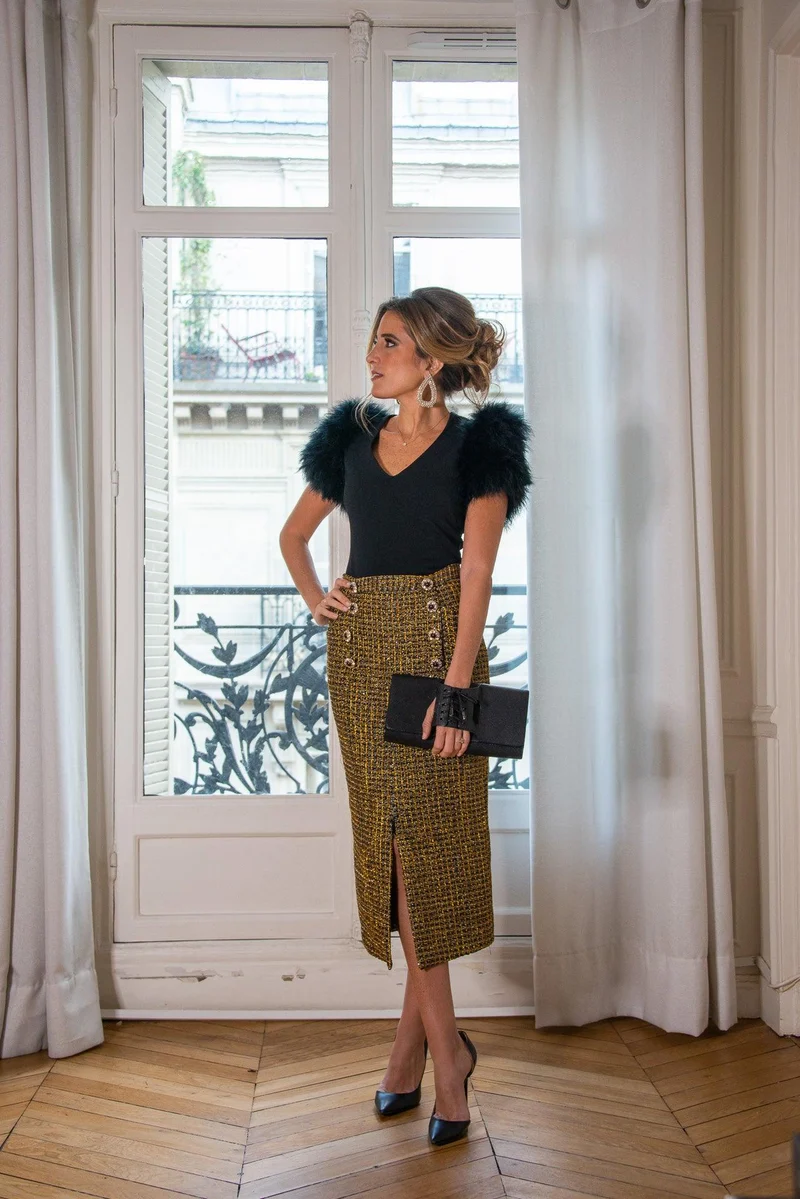 Jupe crayon en tweed dorée