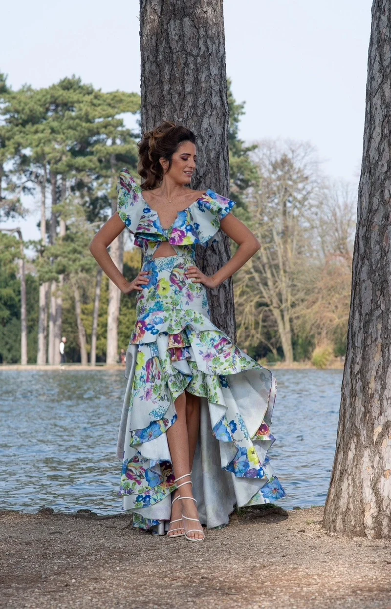 Robe Ortiz asymetrique fleuris verte et bleue