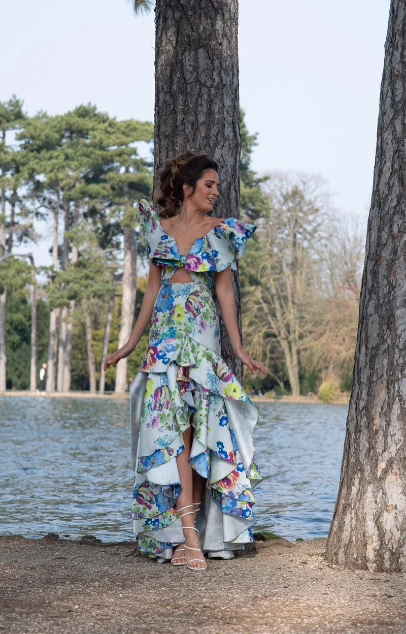 Robe Ortiz asymetrique fleuris verte et bleue