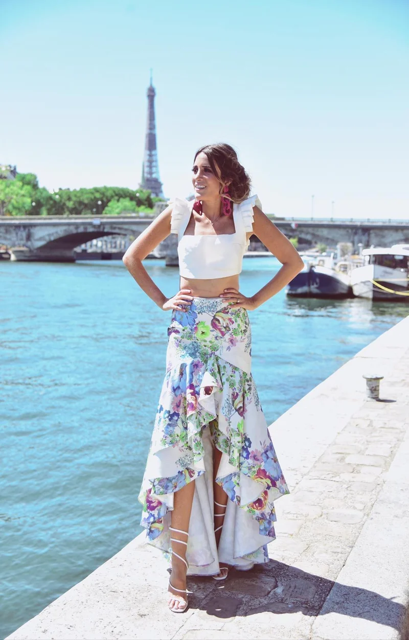 Robe Ortiz asymetrique fleuris verte et bleue