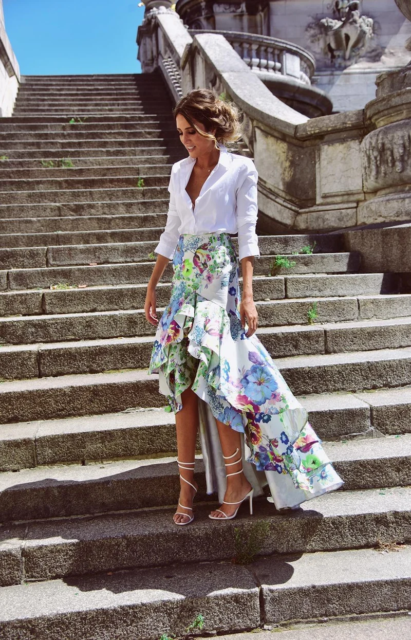 Robe Ortiz asymetrique fleuris verte et bleue