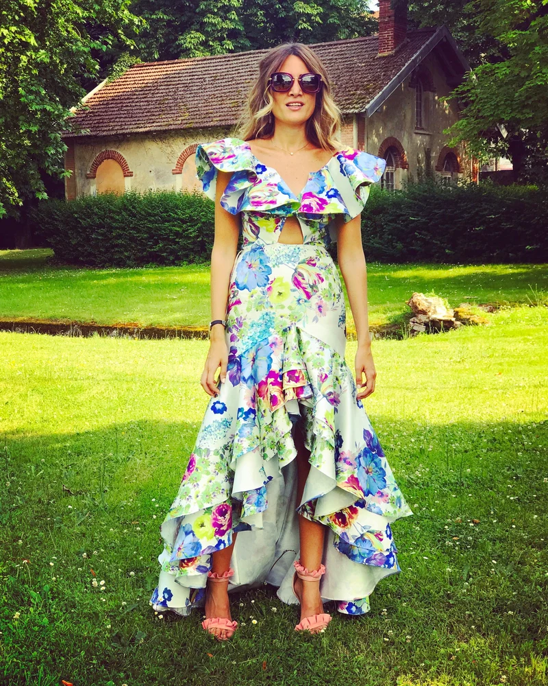 Robe Ortiz asymetrique fleuris verte et bleue