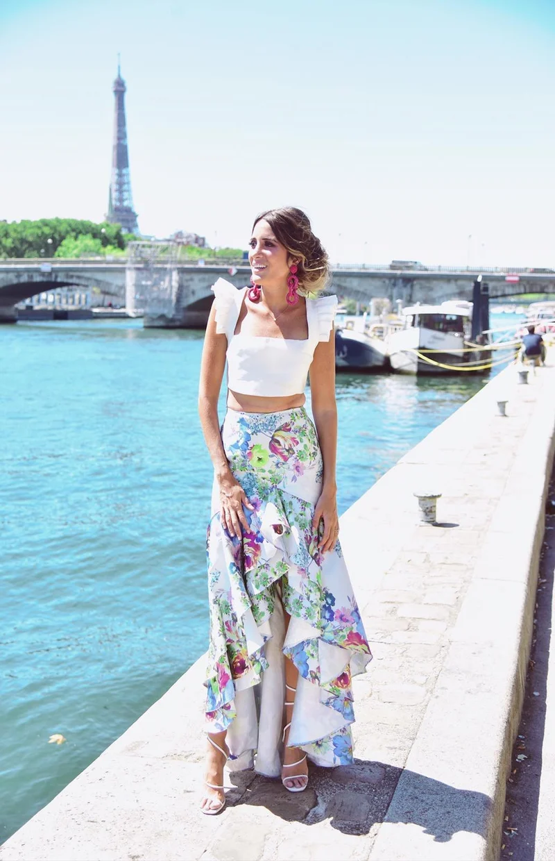 Robe Ortiz asymetrique fleuris verte et bleue