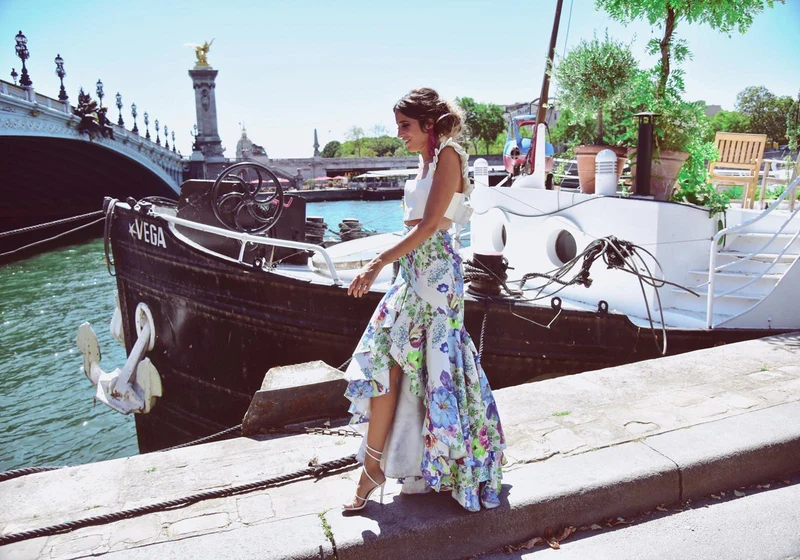 Robe Ortiz asymetrique fleuris verte et bleue