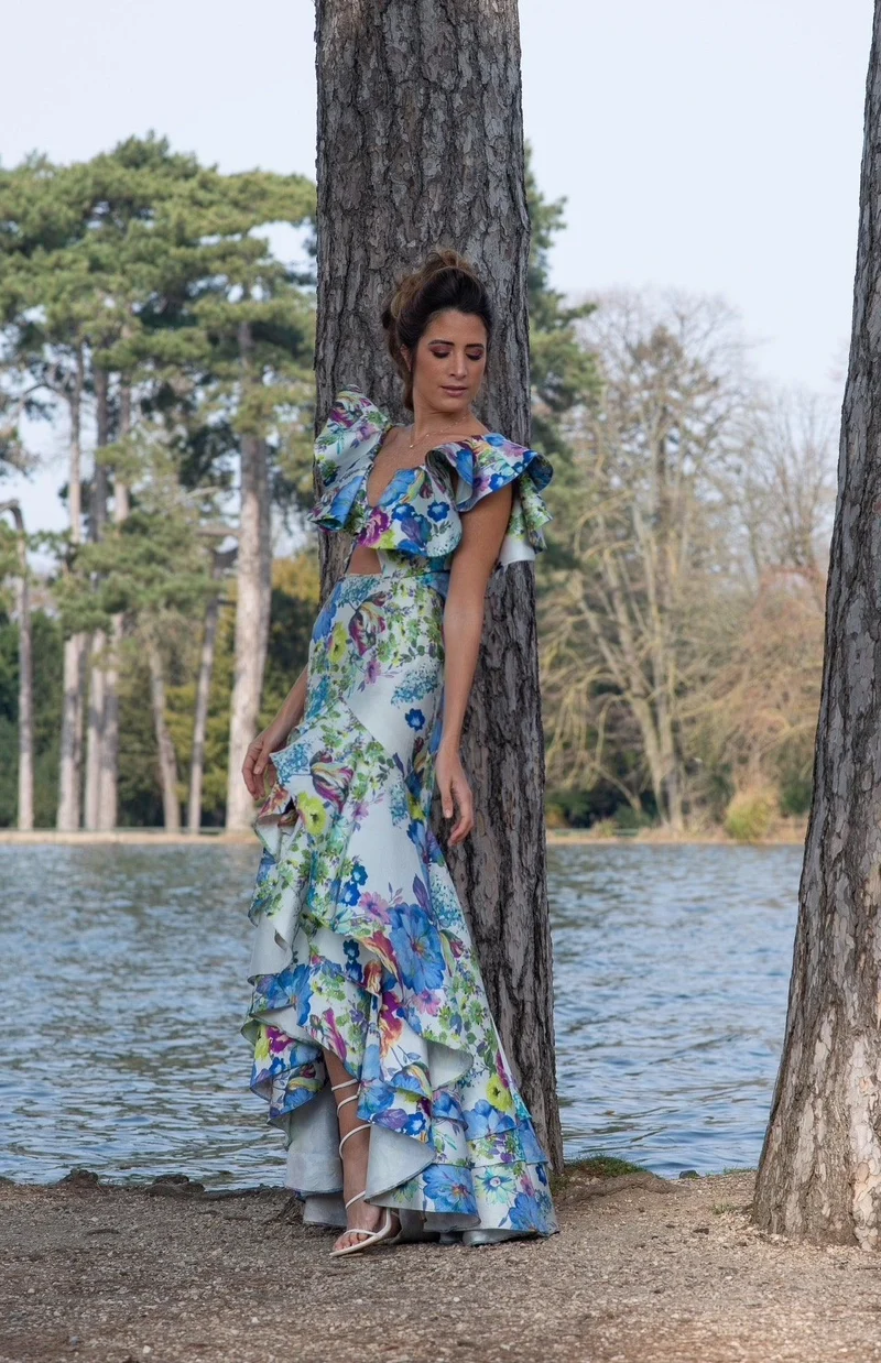 Robe Ortiz asymetrique fleuris verte et bleue