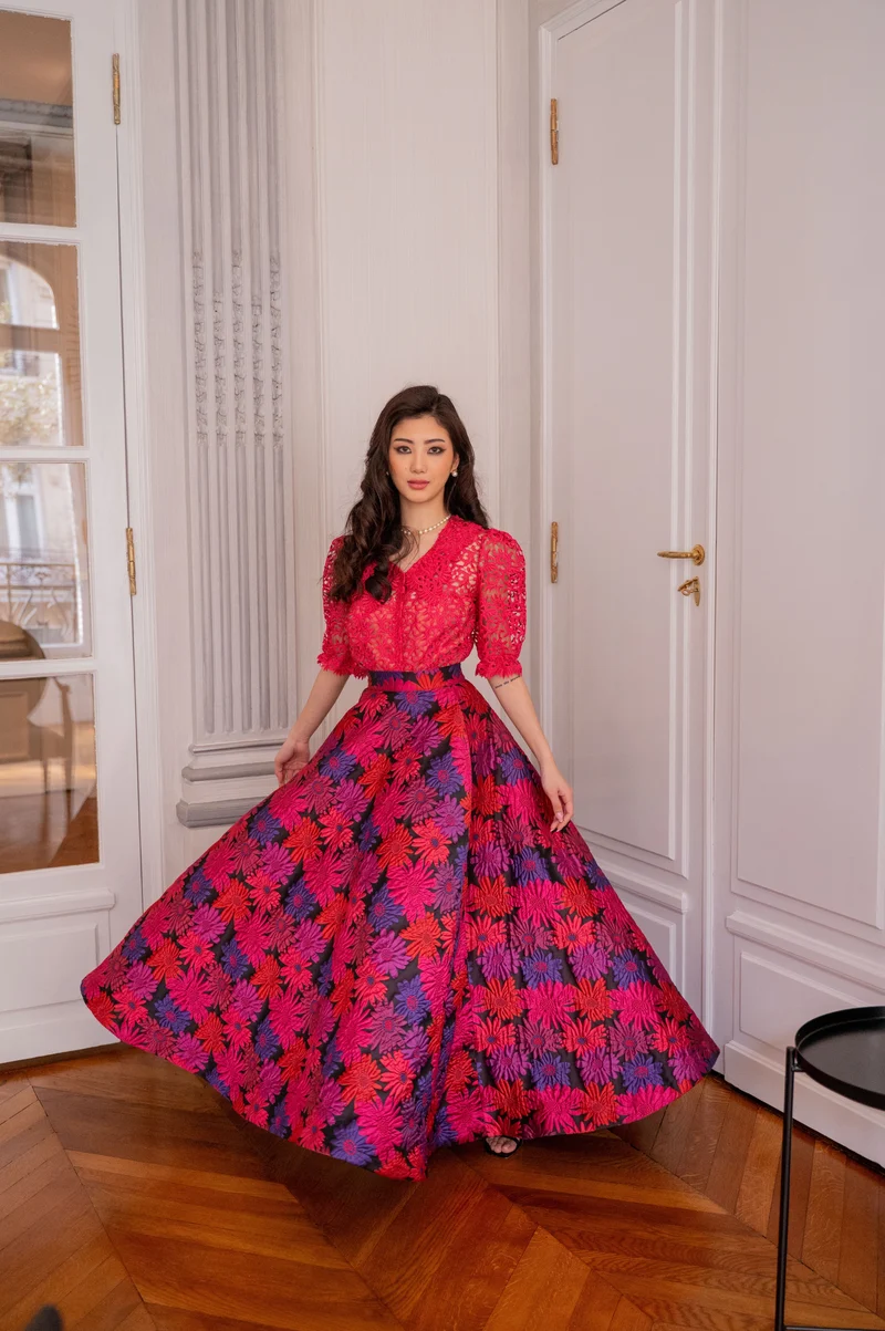 Ensemble jupe longue jacquard imprimés