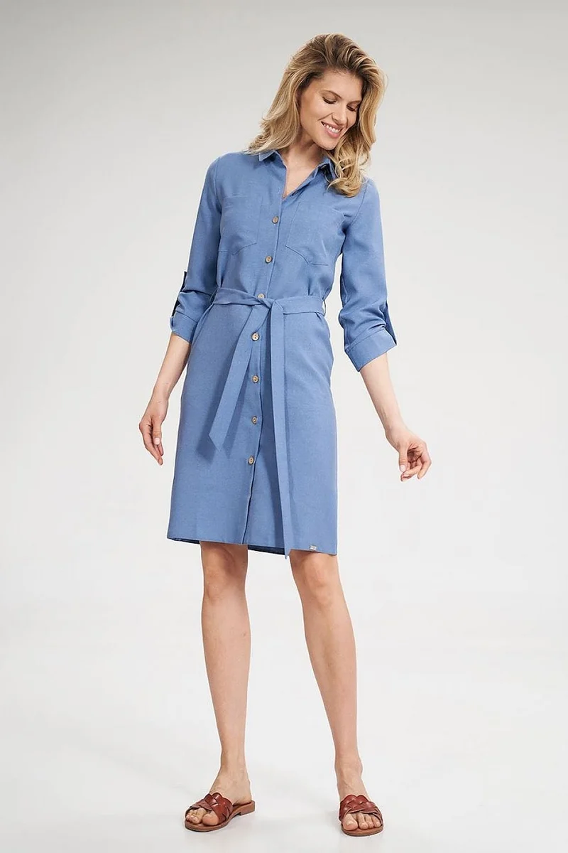 Robe chemise bleue manches longues