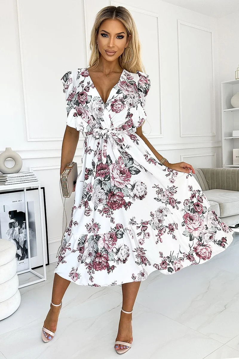 Robe fleurie midi à volants
