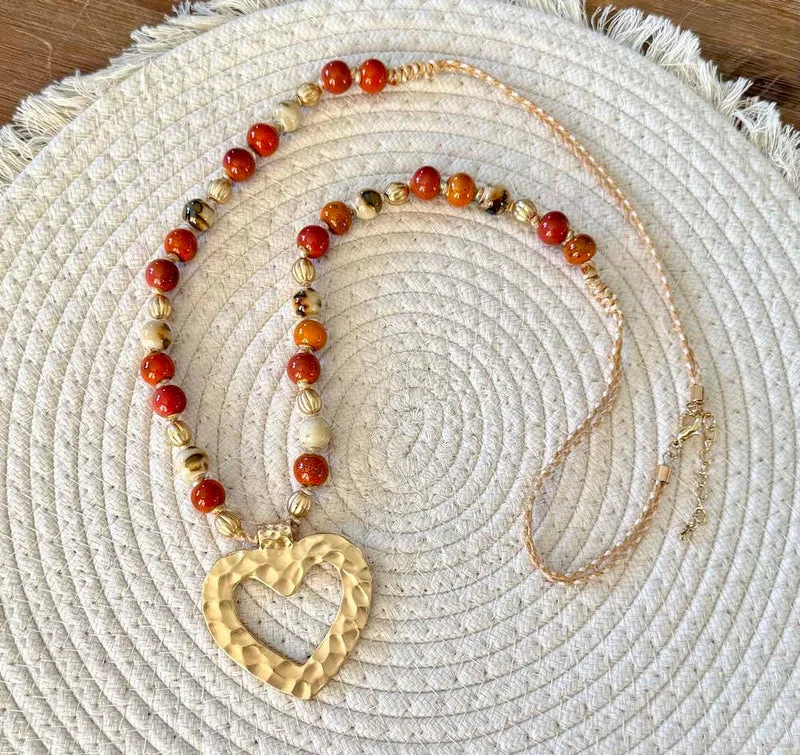 Collier Heart perles brique