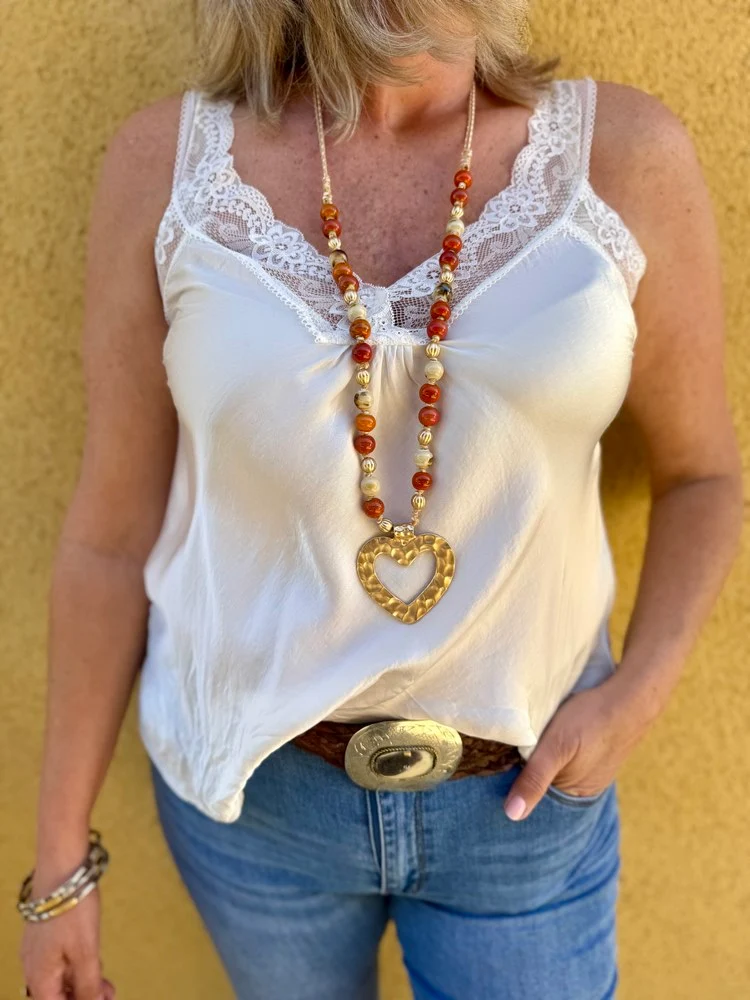 Collier Heart perles brique