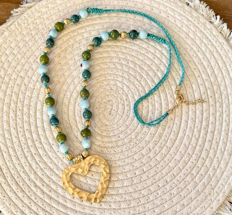 Collier Heart perles bleu vert