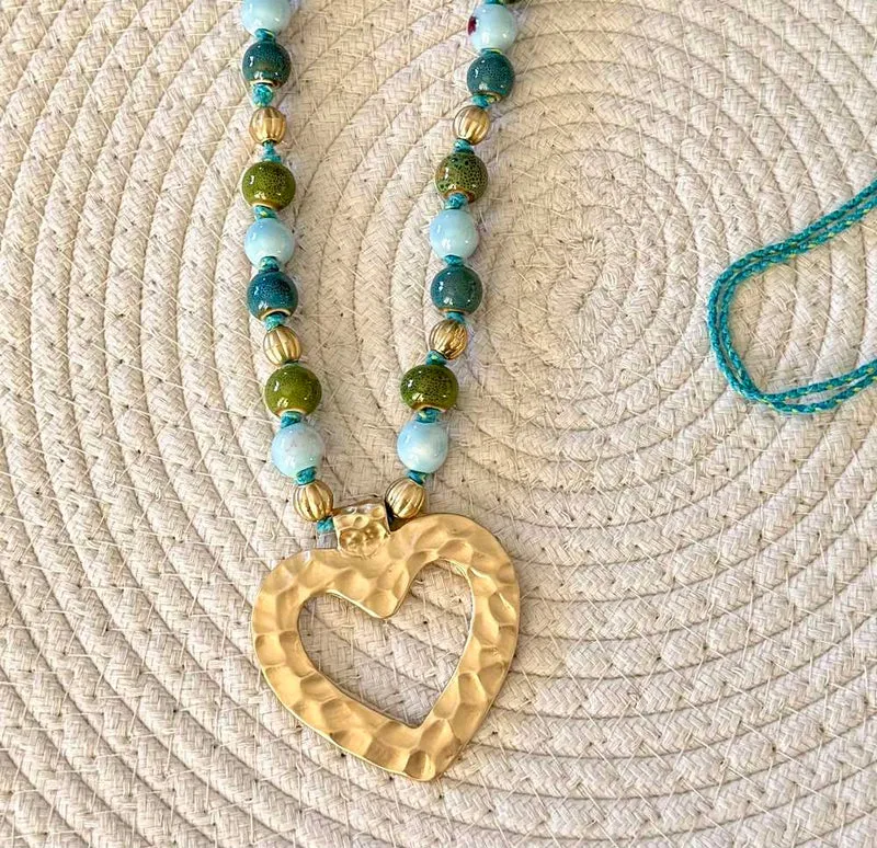 Collier Heart perles bleu vert