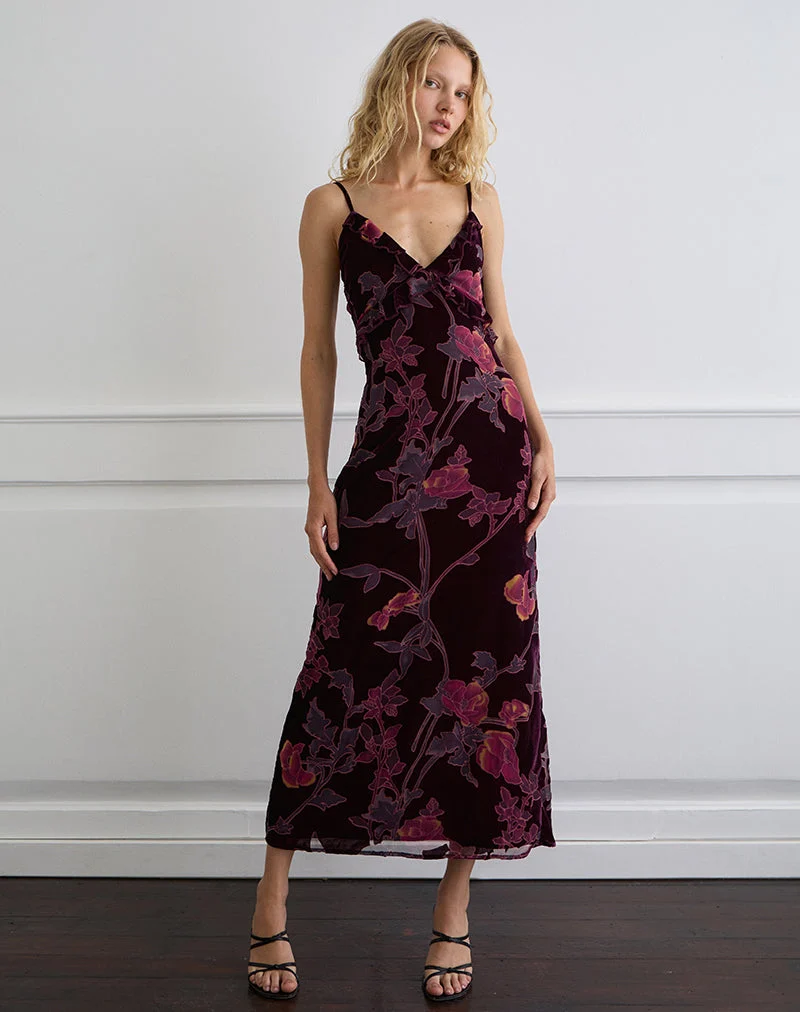 Yamira Maxi Dress in Floral Devore Burgundy