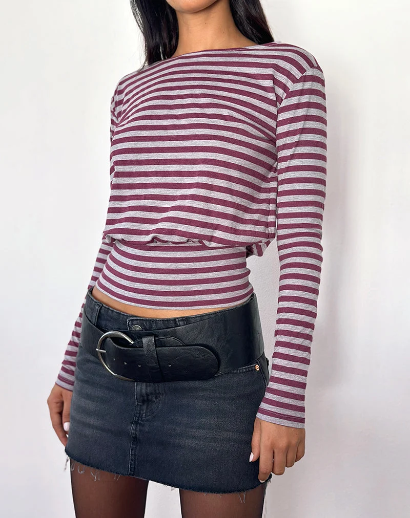Zahir Long Sleeve Top in Burgundy and Grey Stripe (Top à manches longues à rayures bourgogne et grises)