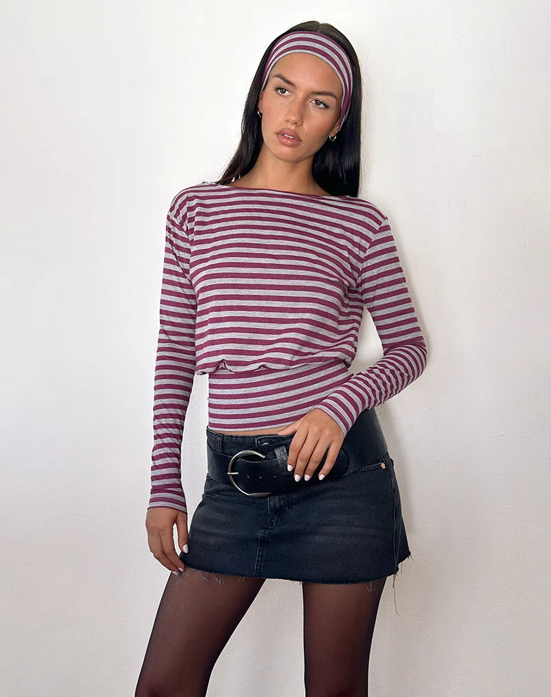 Zahir Long Sleeve Top in Burgundy and Grey Stripe (Top à manches longues à rayures bourgogne et grises)