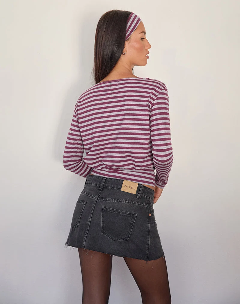 Zahir Long Sleeve Top in Burgundy and Grey Stripe (Top à manches longues à rayures bourgogne et grises)
