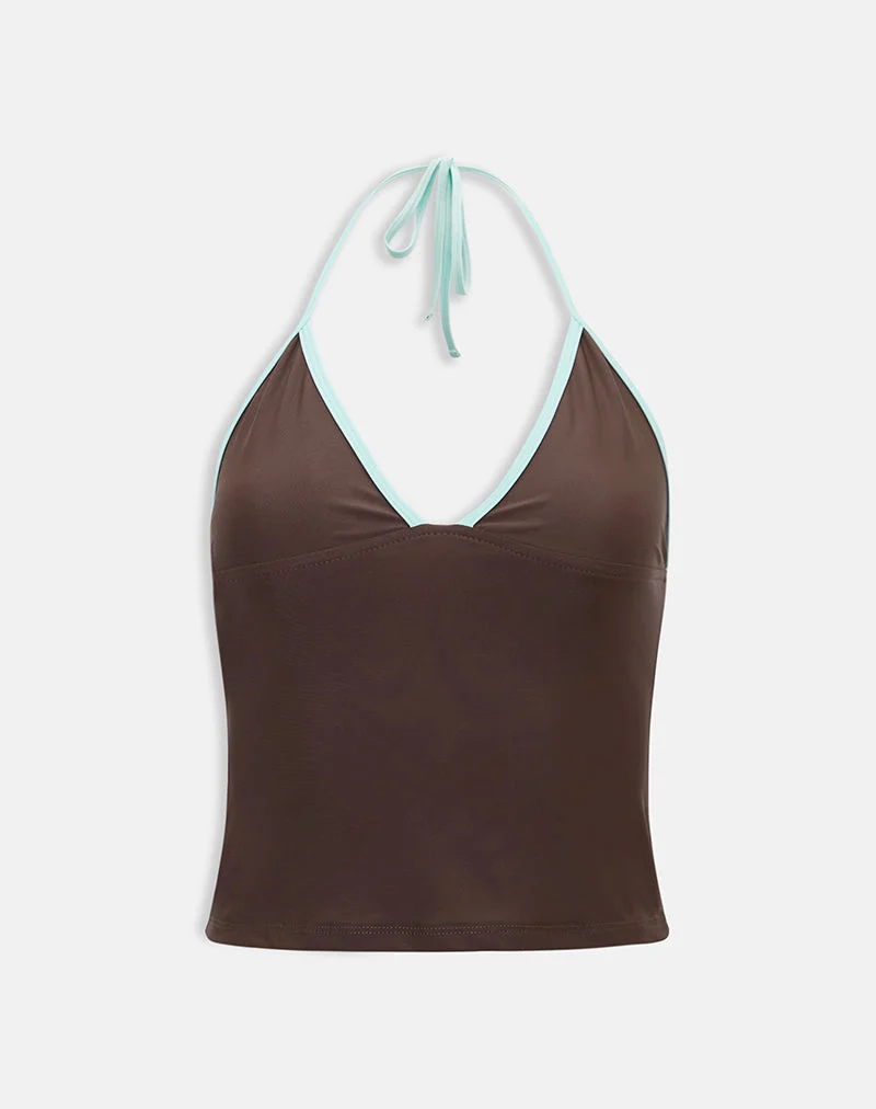 Débardeur Thorin Tankini marron avec bordure bleu turquoise