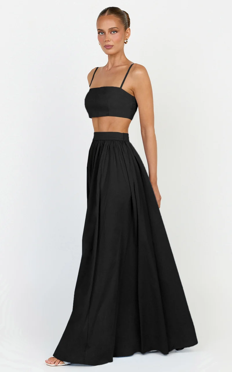 Tegan Two Piece Set - Straight Neck Micro Crop Top and A Line Maxi Skirt Set in Black