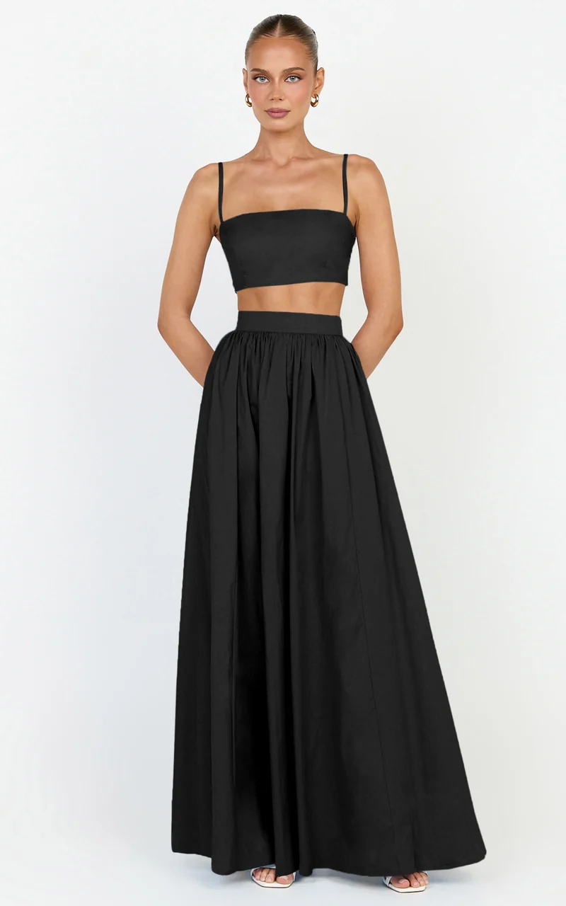 Tegan Two Piece Set - Straight Neck Micro Crop Top and A Line Maxi Skirt Set in Black