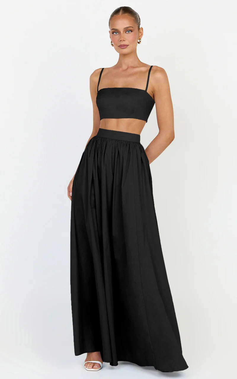 Tegan Two Piece Set - Straight Neck Micro Crop Top and A Line Maxi Skirt Set in Black