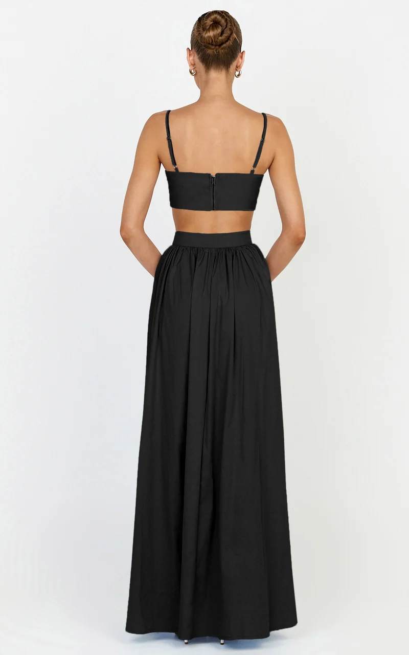 Tegan Two Piece Set - Straight Neck Micro Crop Top and A Line Maxi Skirt Set in Black