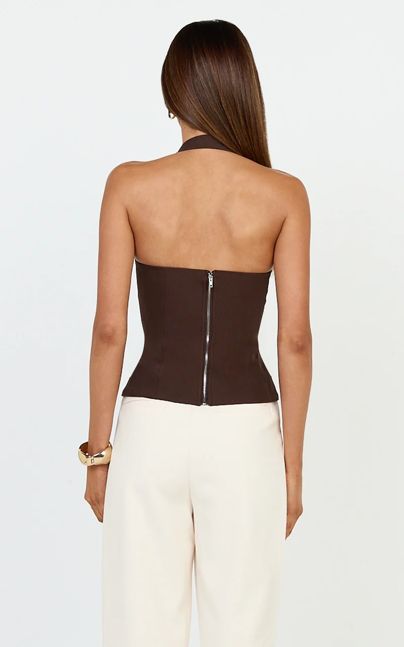 Tyler Top - Adjustable Halter Fitted Top in Chocolate