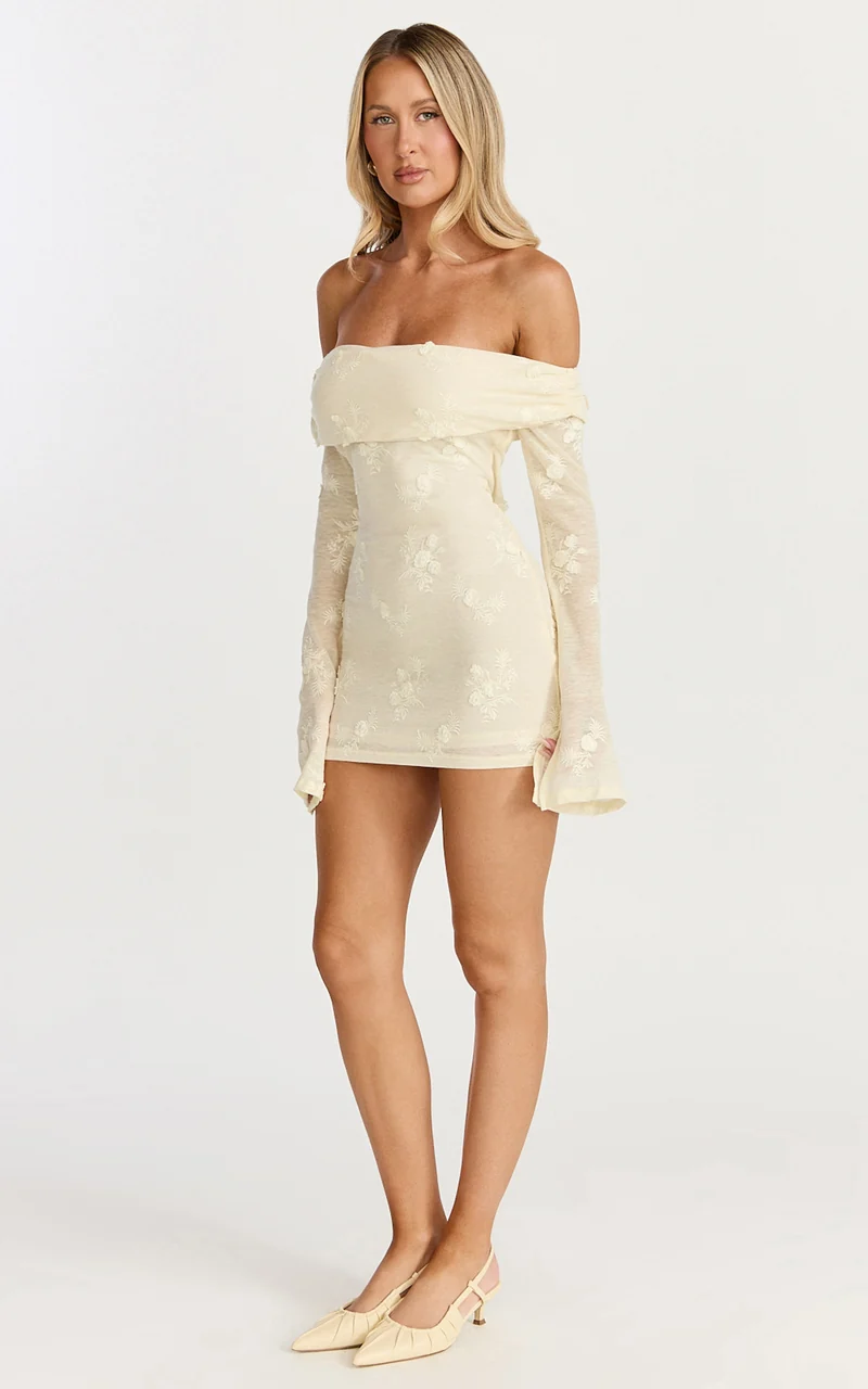 Raymond Mini Dress - Off Shoulder Long Sleeve Fitted Dress in Lemon
