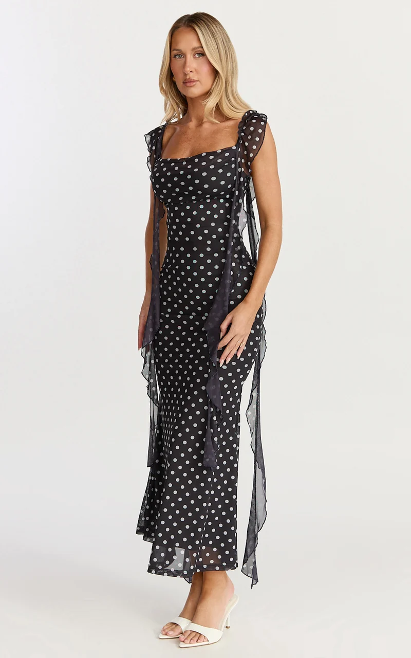 Rosha Midi Dress - Ruffle Strap Dress in Black Polkadot