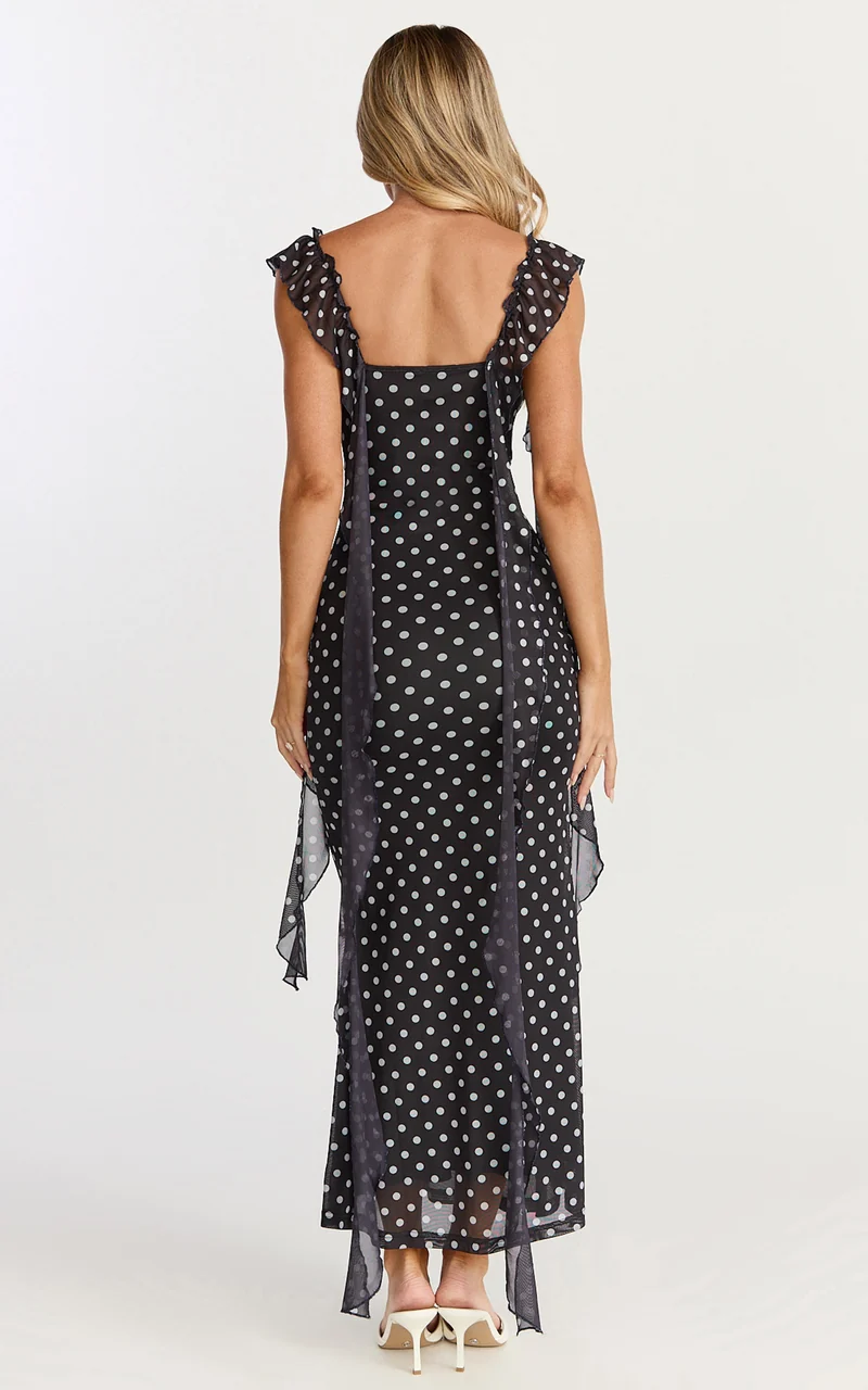 Rosha Midi Dress - Ruffle Strap Dress in Black Polkadot