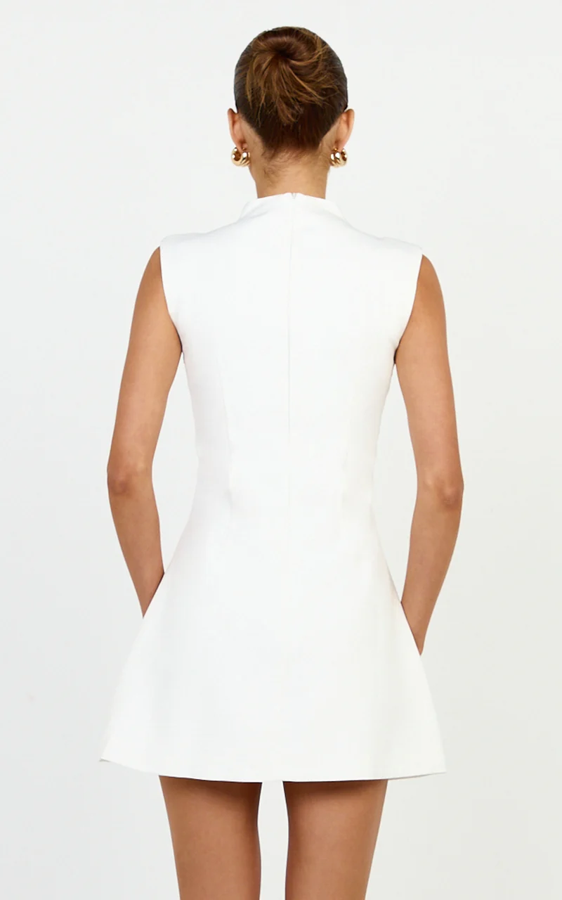 Jacinta Mini Dress - Sleeveless Button Front Tulip Dress in Off White