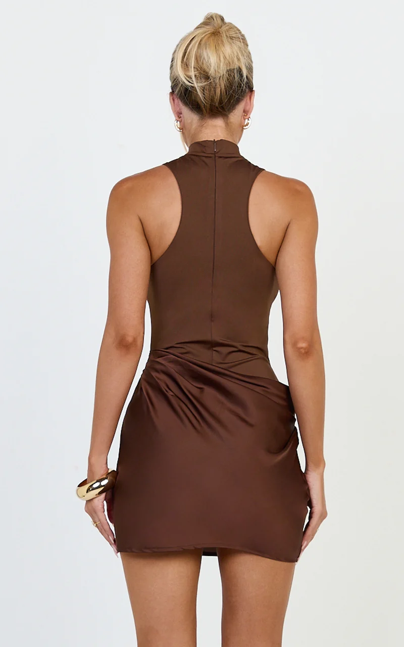 Elodie Mini Dress - Sleeveless Dress Overlay Skirt in Chocolate