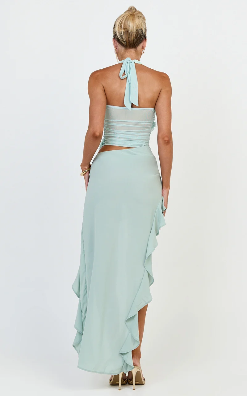 Ocean Maxi Dress - Halter Neck Floral Trim Ruffle Cutaway Skirt Dress in Mint