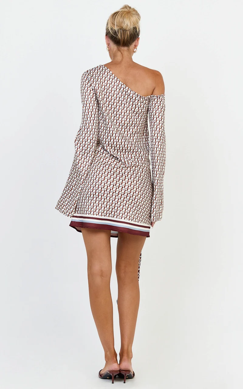 Noelle Mini Dress - Geo Print Off Shoulder Tie Front Dress in Geo Border Print