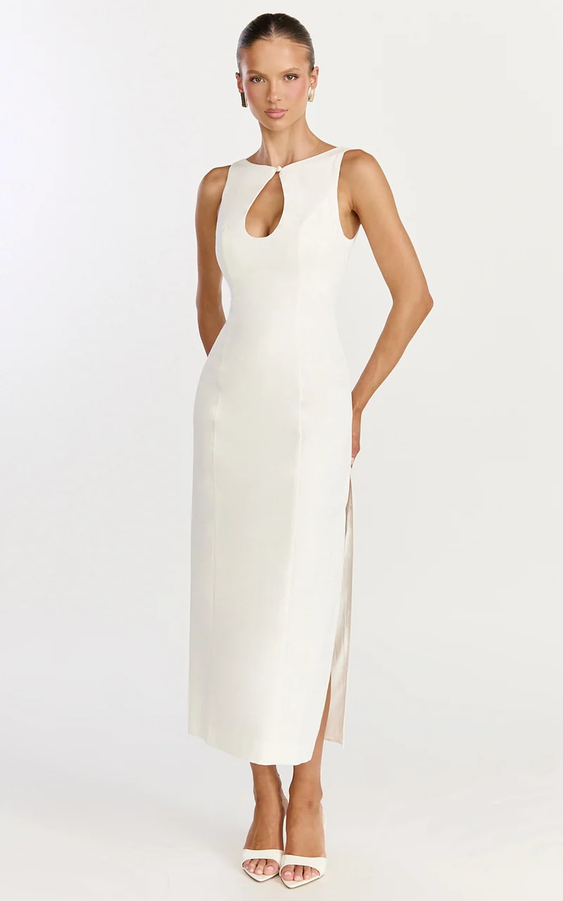 Lux Midi Dress - Front Keyhole Fitted Dress in White
