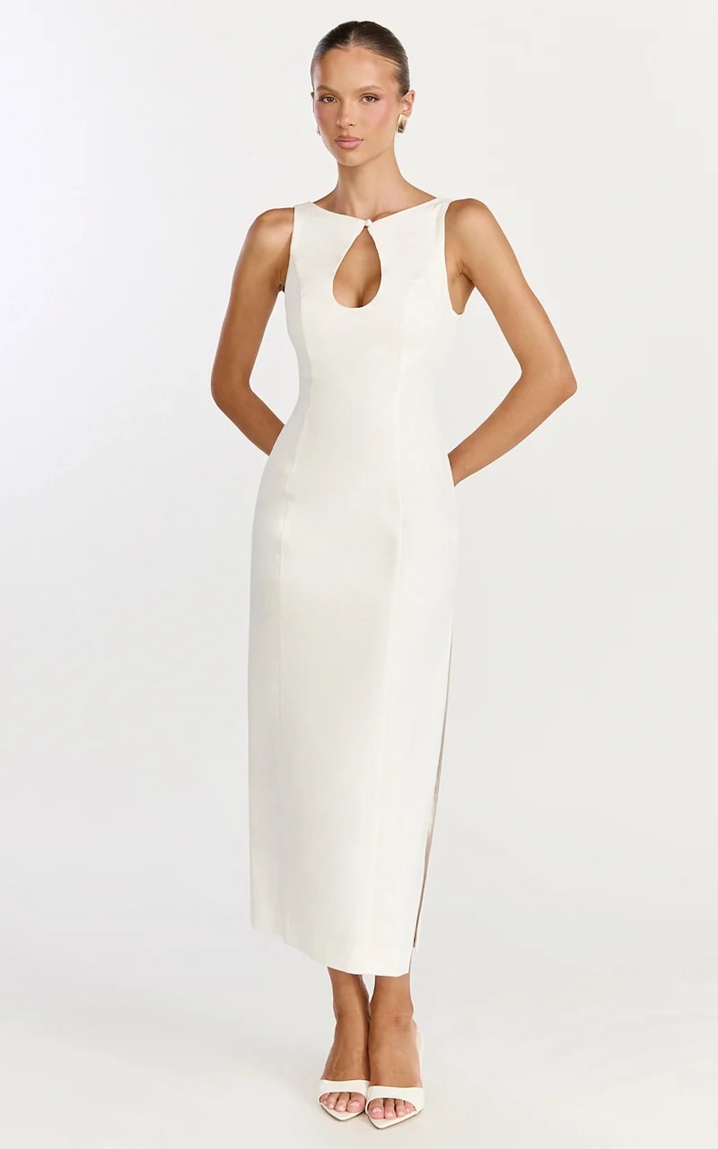 Lux Midi Dress - Front Keyhole Fitted Dress in White