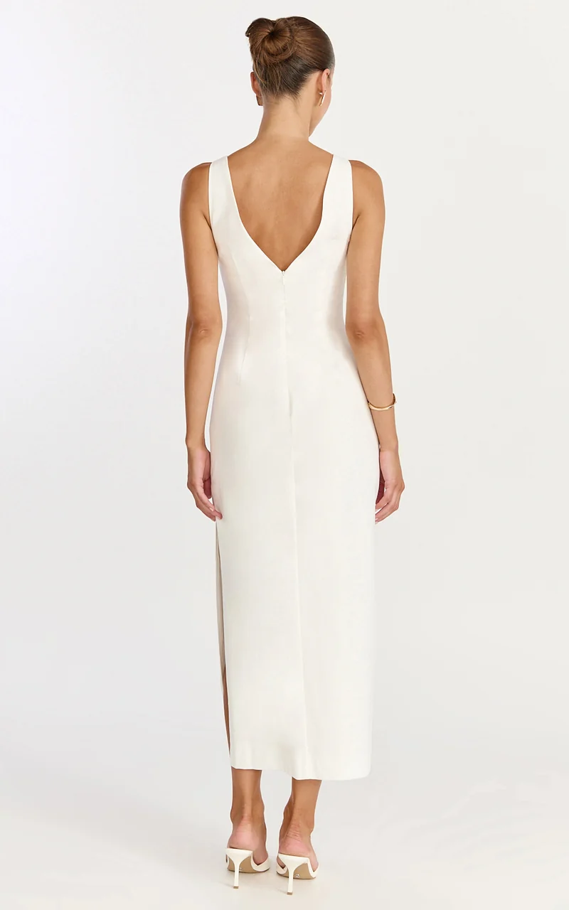Lux Midi Dress - Front Keyhole Fitted Dress in White