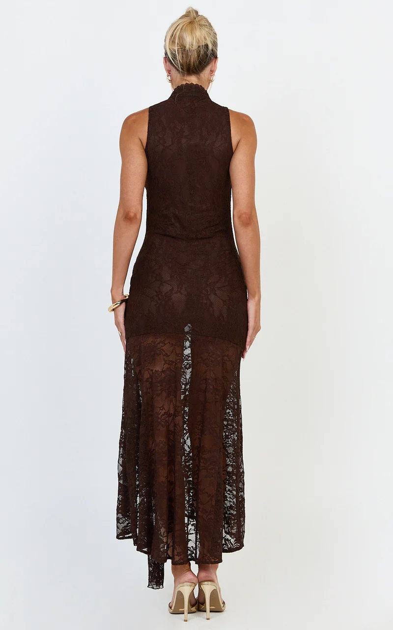 Nyla Midi Dress - Sleeveless Collared Keyhole Lace Hip Tie Dress in Chocolate