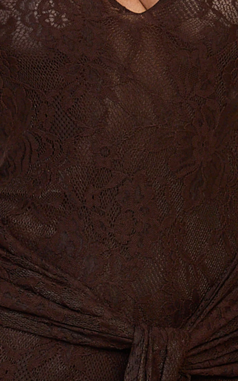 Nyla Midi Dress - Sleeveless Collared Keyhole Lace Hip Tie Dress in Chocolate