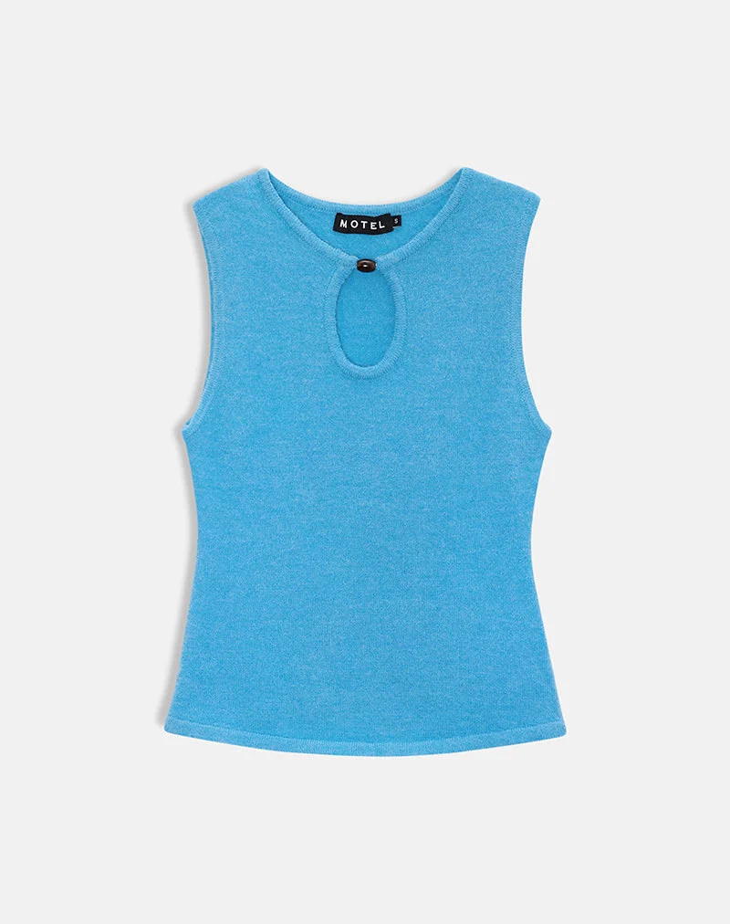 Haut Reita à encolure en trou de serrure et perle, en maille bleue