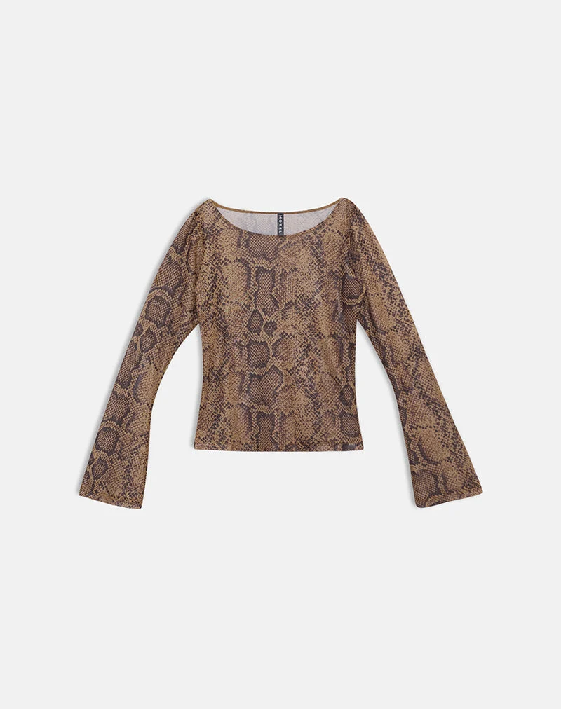Haut à manches longues Tineko, motif peau de serpent marron