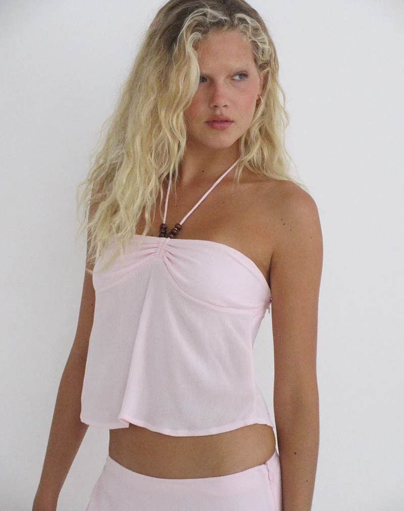 Haut « Grain Top » rose pâle froissé avec des perles