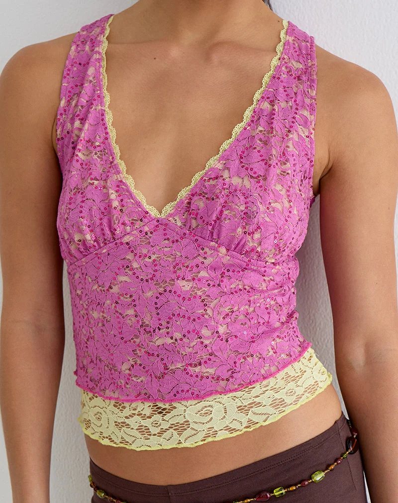 Haut Perai en dentelle à paillettes double épaisseur, couleur citron vert et rose