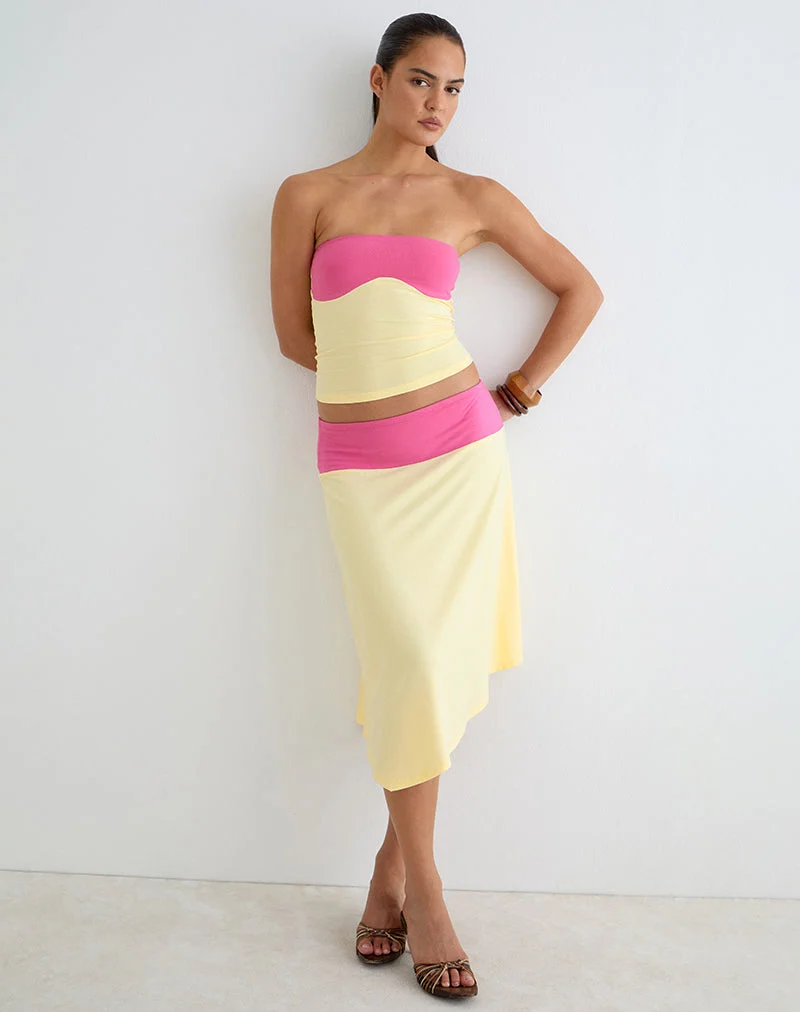 Jupe midi Soli en jersey de rayonne, jaune citron et rose foncé