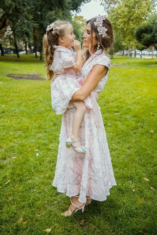 Robe midi rose appliqués fleuris