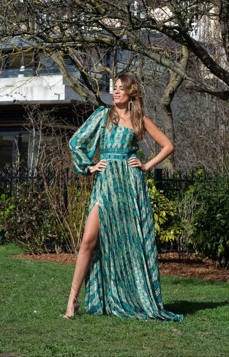 Robe longue du soir en soie sauvage bleue verte