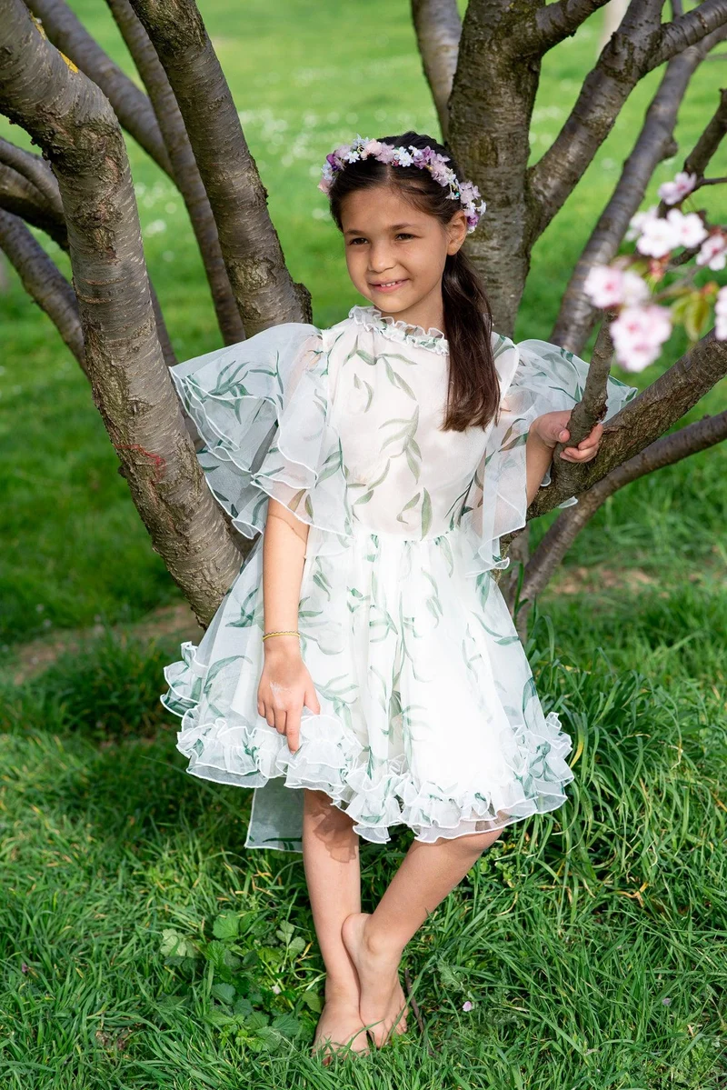 Robe longue en mousseline de soie à imprimés fleurs vertes