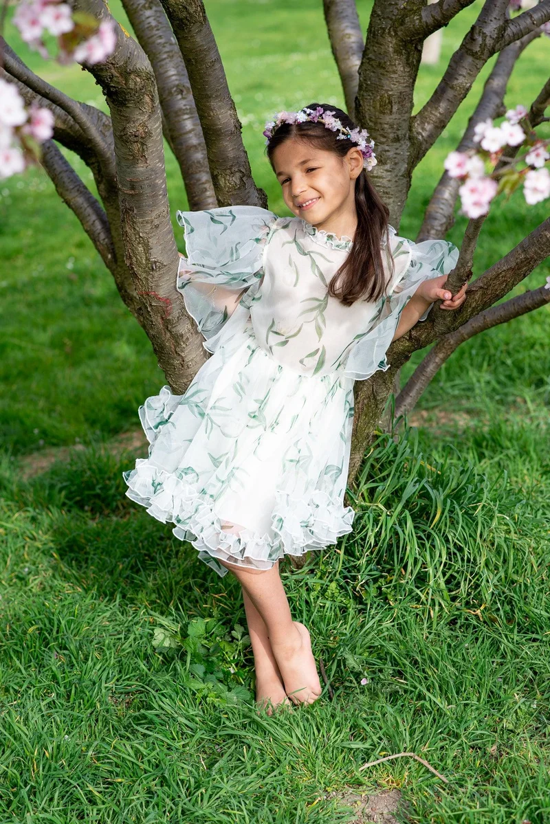 Robe longue en mousseline de soie à imprimés fleurs vertes