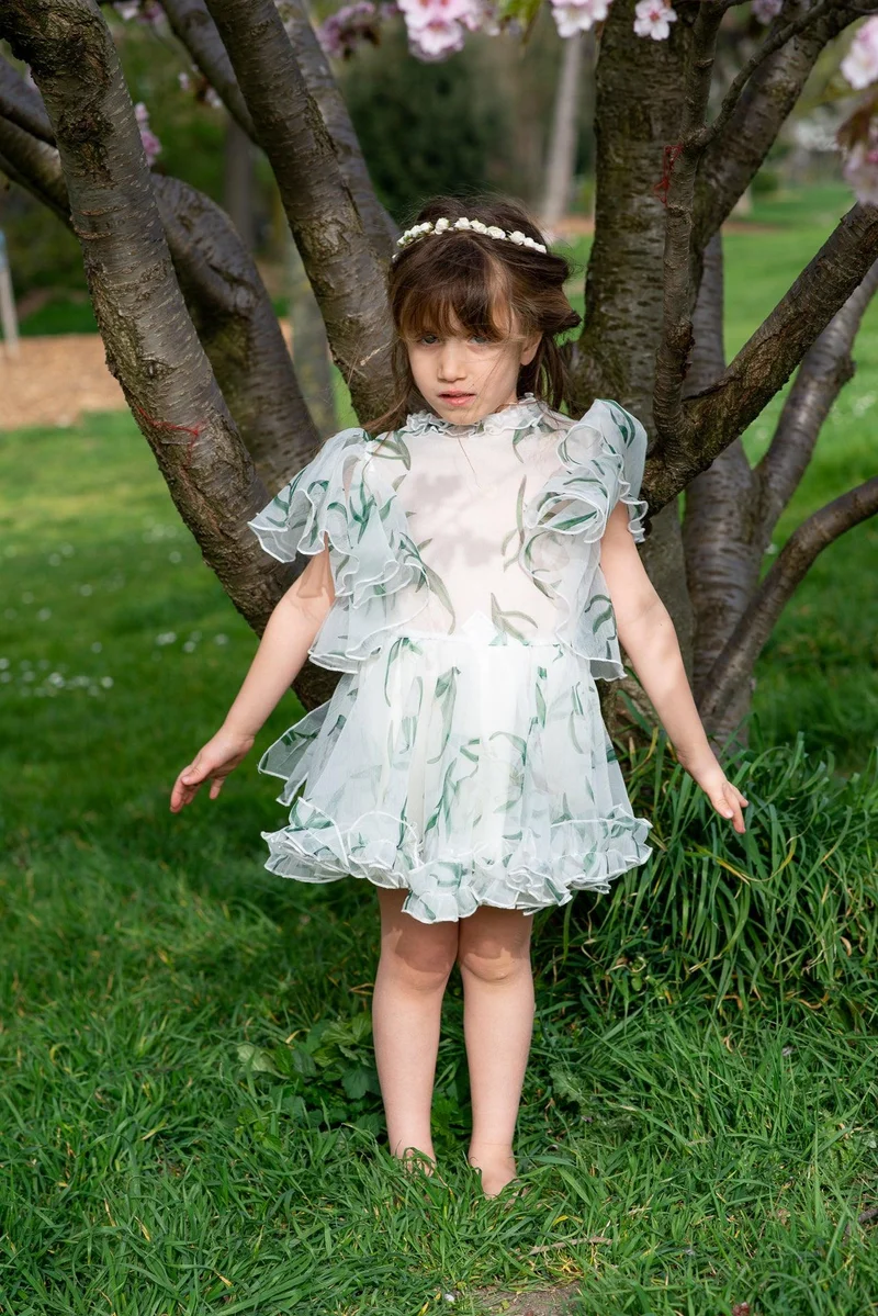 Robe longue en mousseline de soie à imprimés fleurs vertes