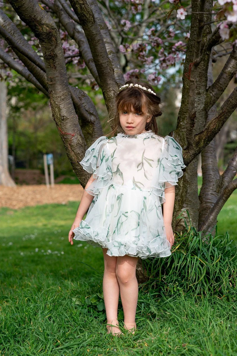 Robe longue en mousseline de soie à imprimés fleurs vertes